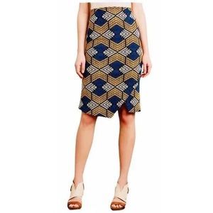 Maeve Kanara Pencil Skirt Womens 2 Blue Yellow Geometric Faux Wrap Soft Stretch